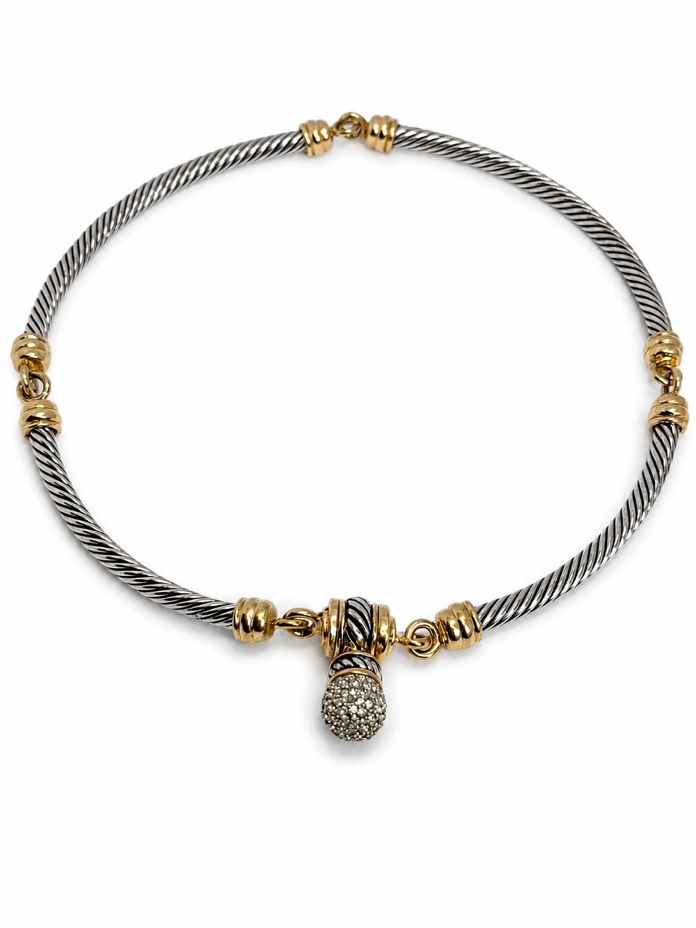 Two-Tone Silver and Gold Cable Choker Necklace with Pavé Drop Charm